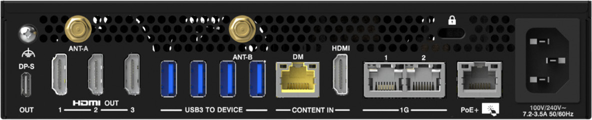 Crestron Collab Compute 後面板：顯示輸出、USB、內容輸入、網路、PoE+、電源與天線